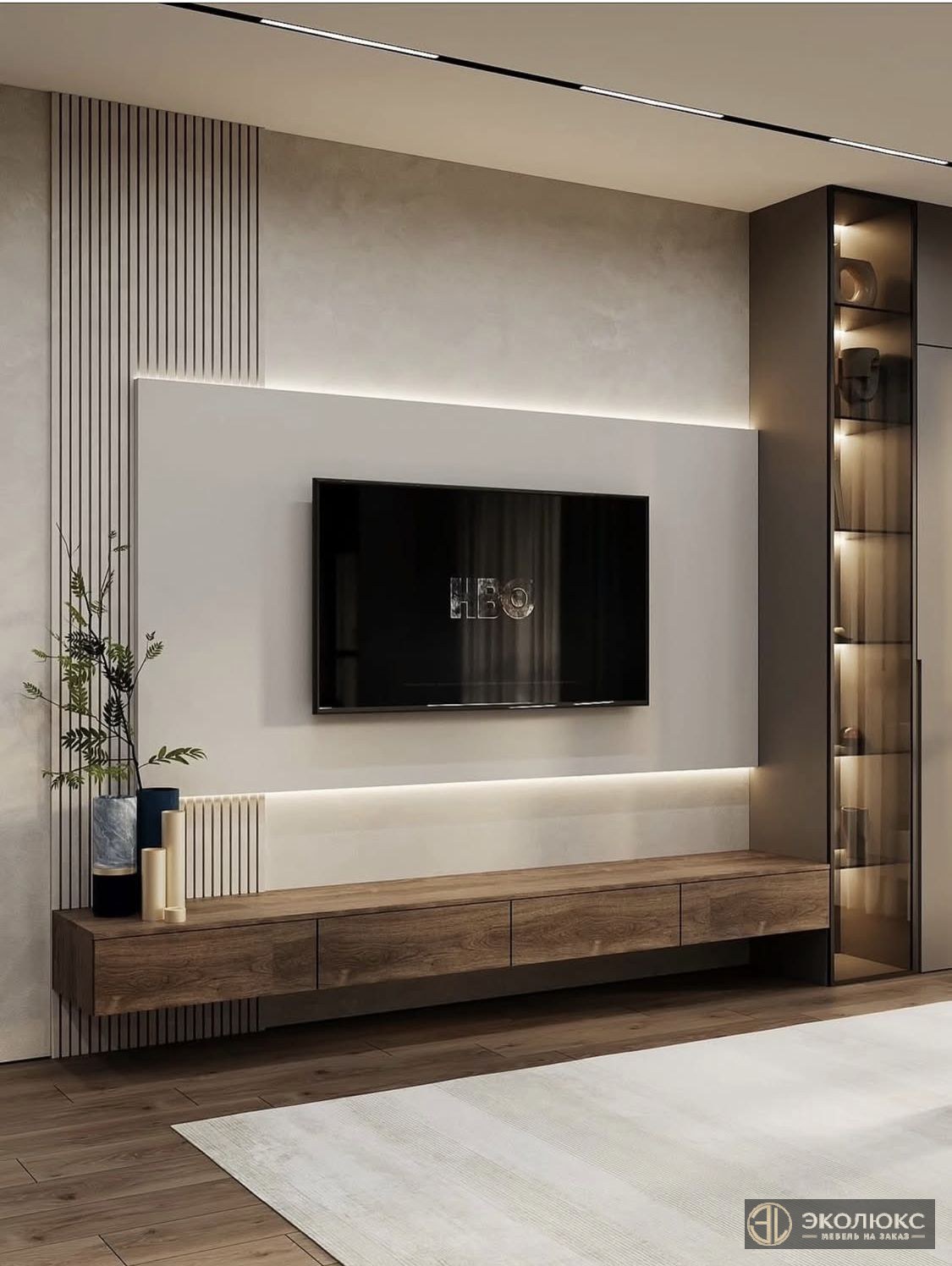 Современная ТВ-зона с подсветкой и стеклом