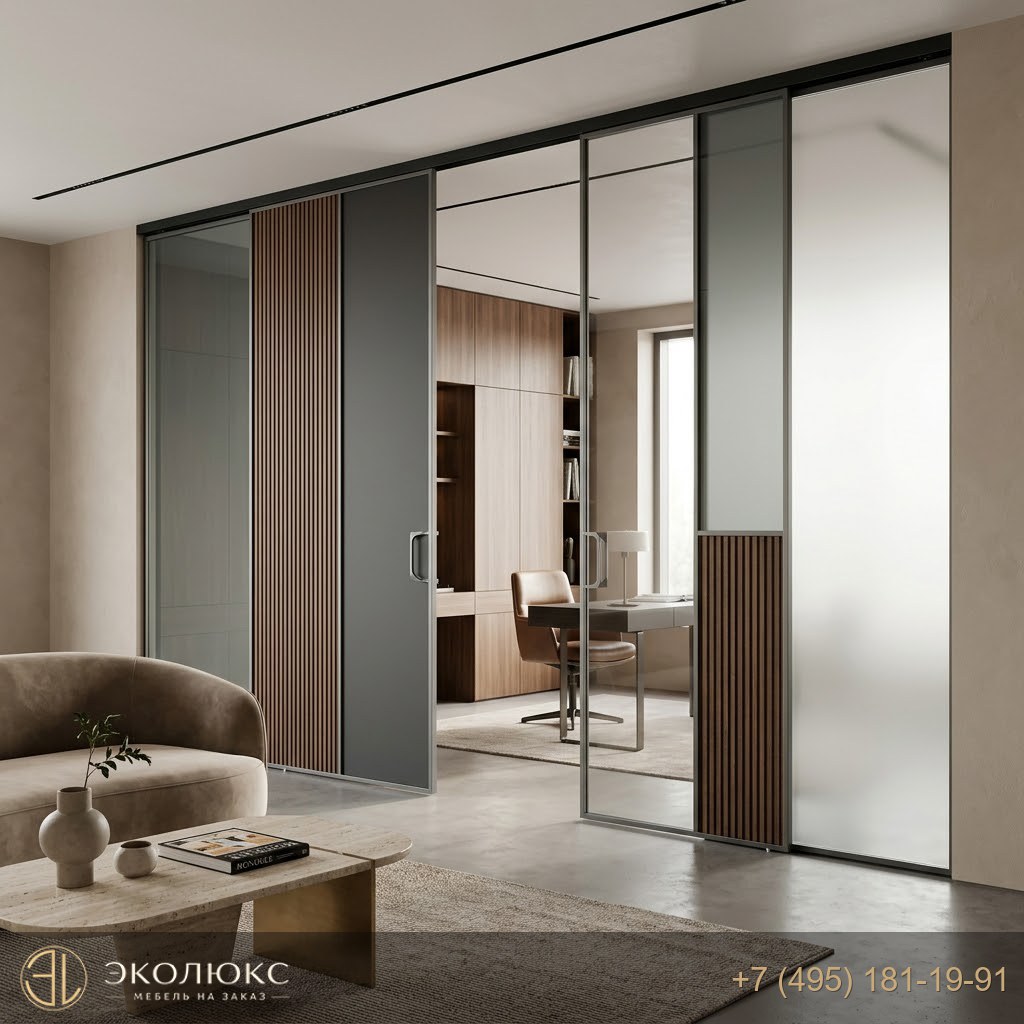 Раздвижные перегородки со стеклом и MDF