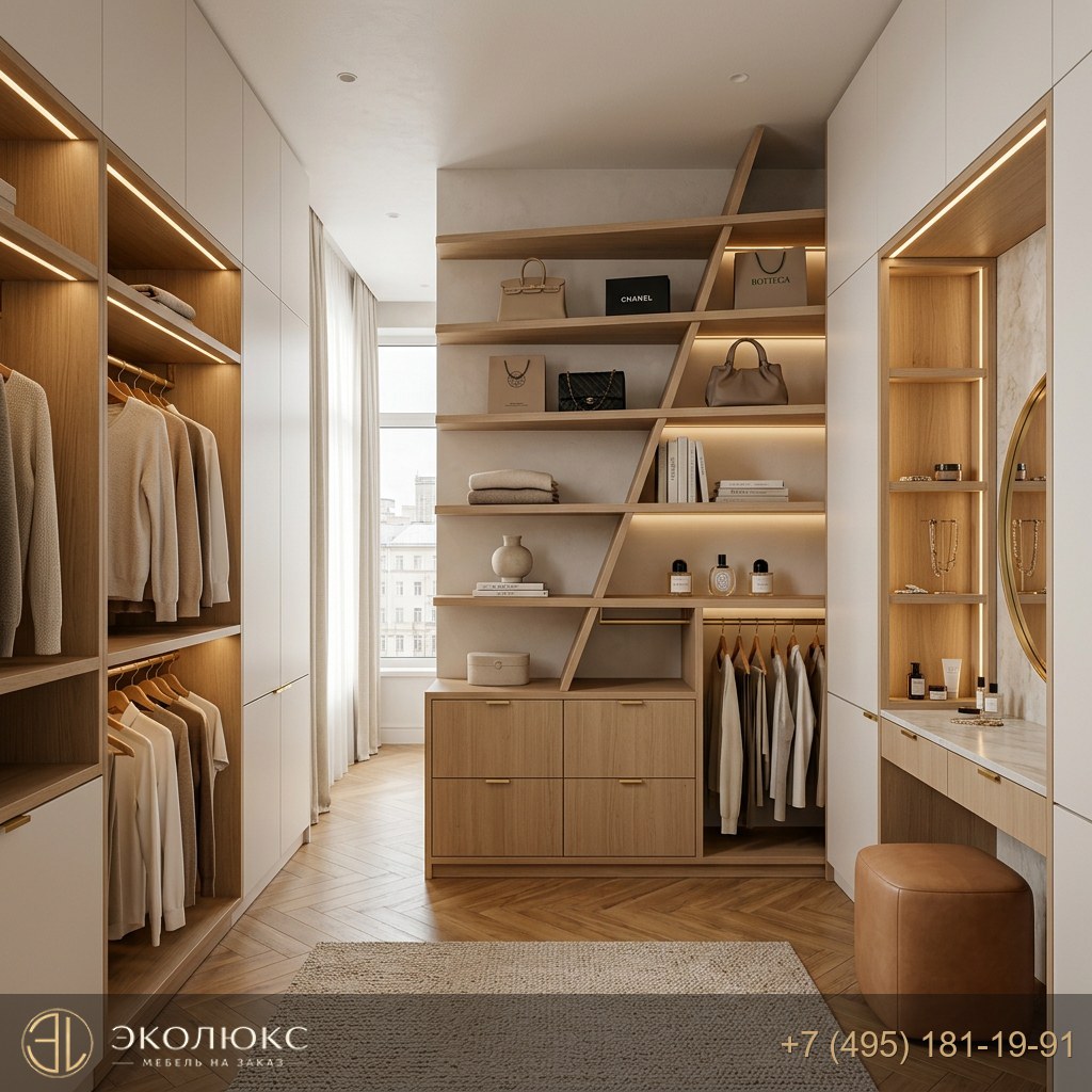 Гардеробная с подсветкой и зеркалом